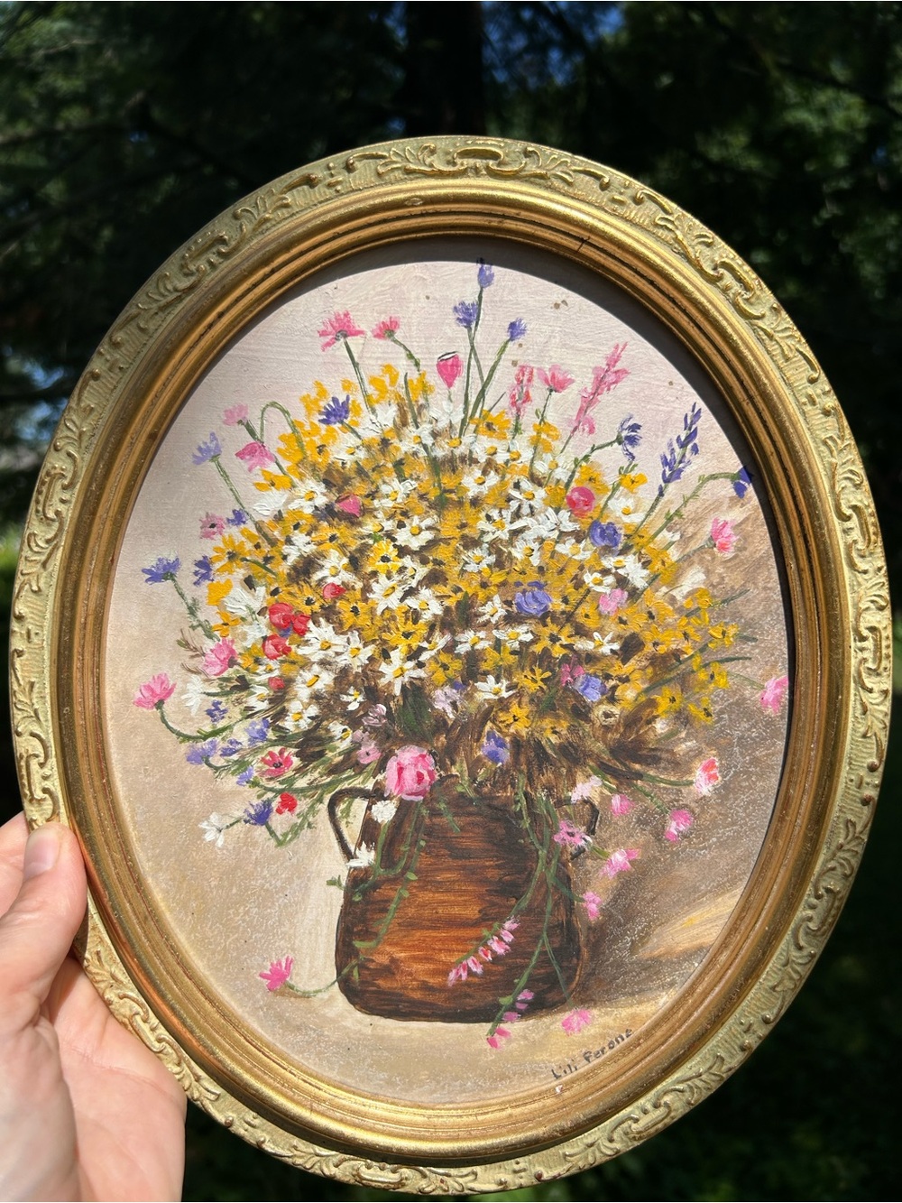 Vintage Painting Floral Bouquet Oil ‘Field Flowers’ Gold Oval Frame Signed 9x11